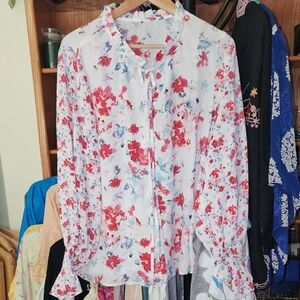 Source Unknown Red and Blue Floral Button Front Peasant Boho Tunic Top Blouse